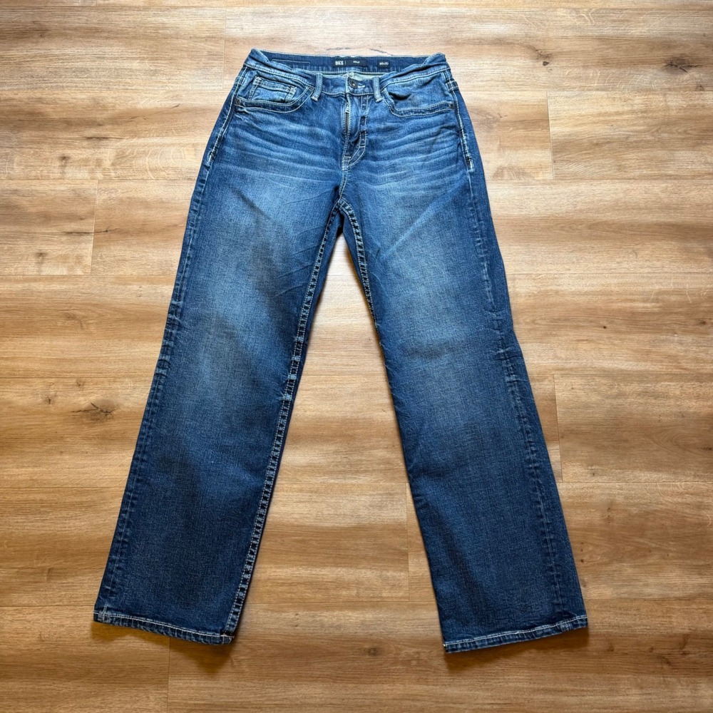 BKE Wells Jeans Mens 30x32 Blue Straight Leg Stretch Contrast Stitch Denim